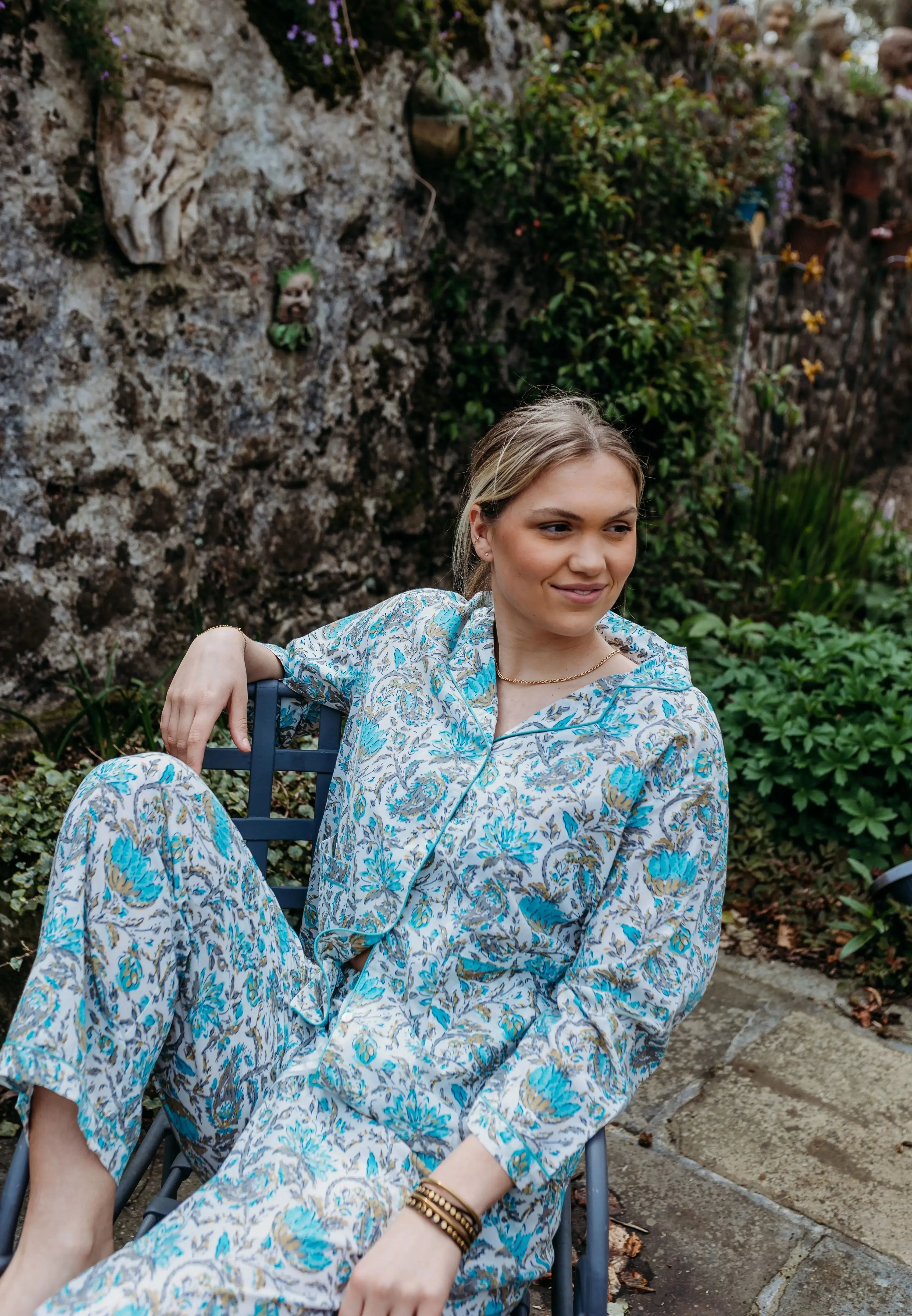 Ahaana Turquoise Block Printed Cotton Pyjamas