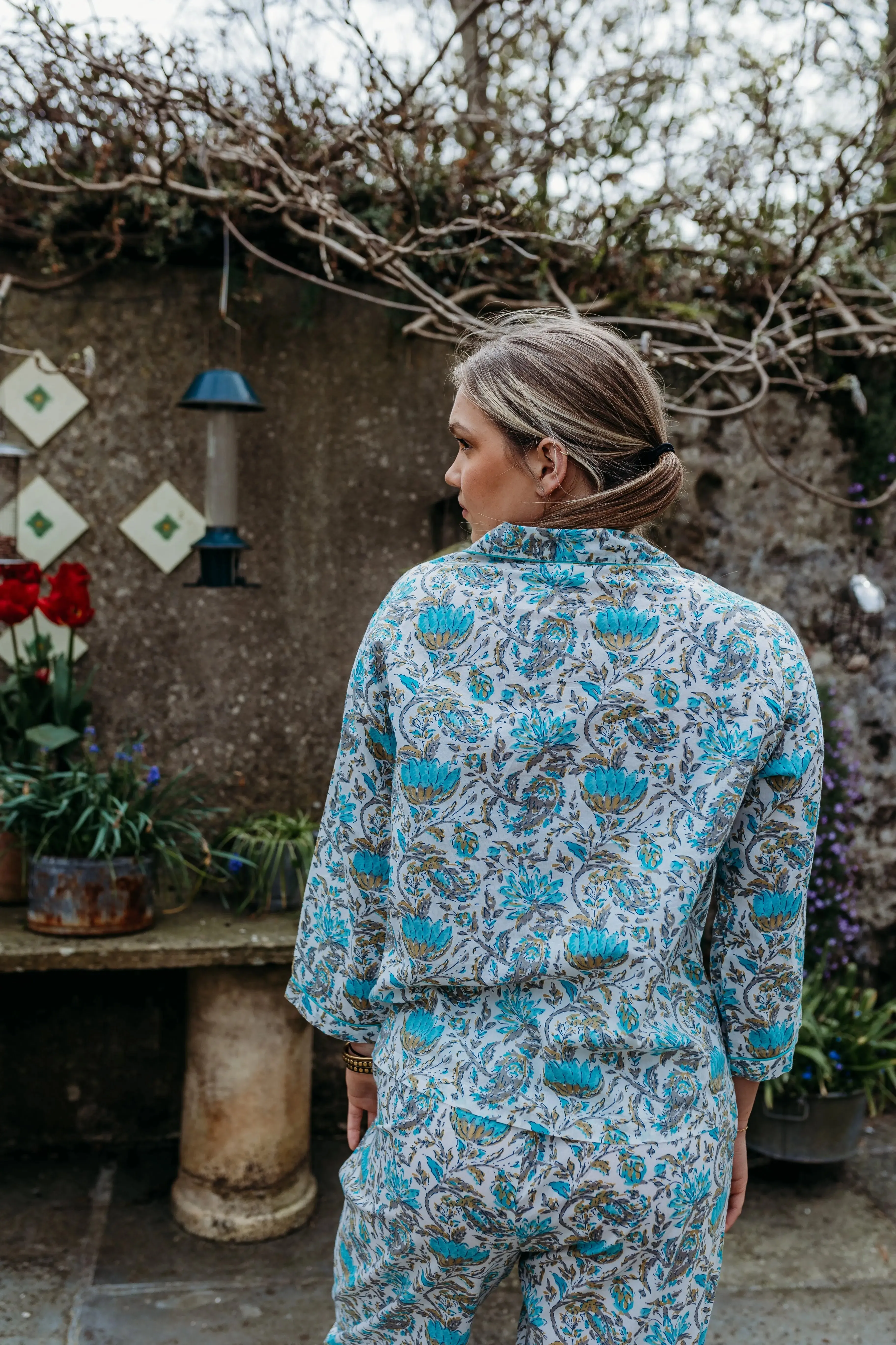 Ahaana Turquoise Block Printed Cotton Pyjamas