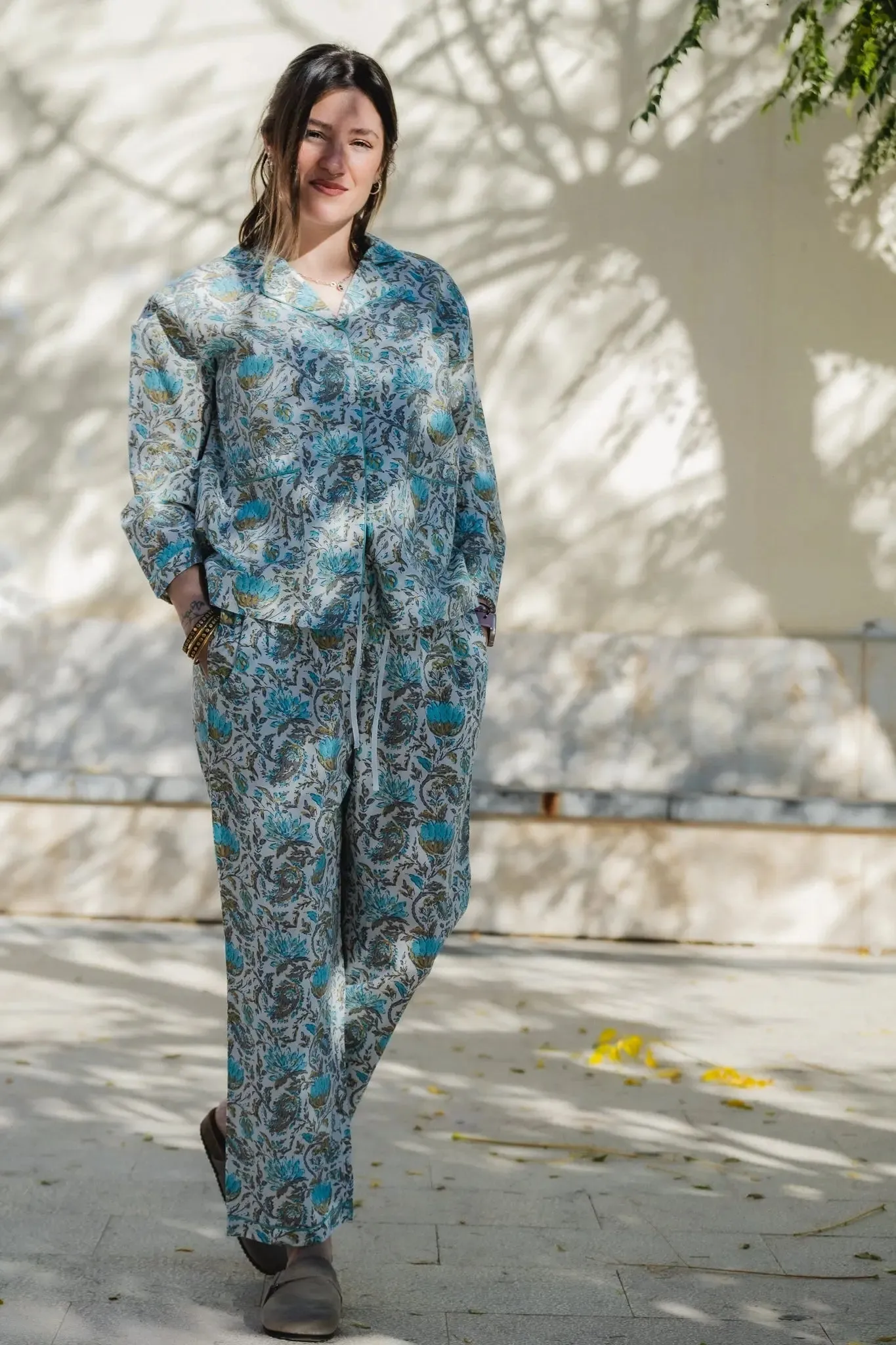 Ahaana Turquoise Block Printed Cotton Pyjamas