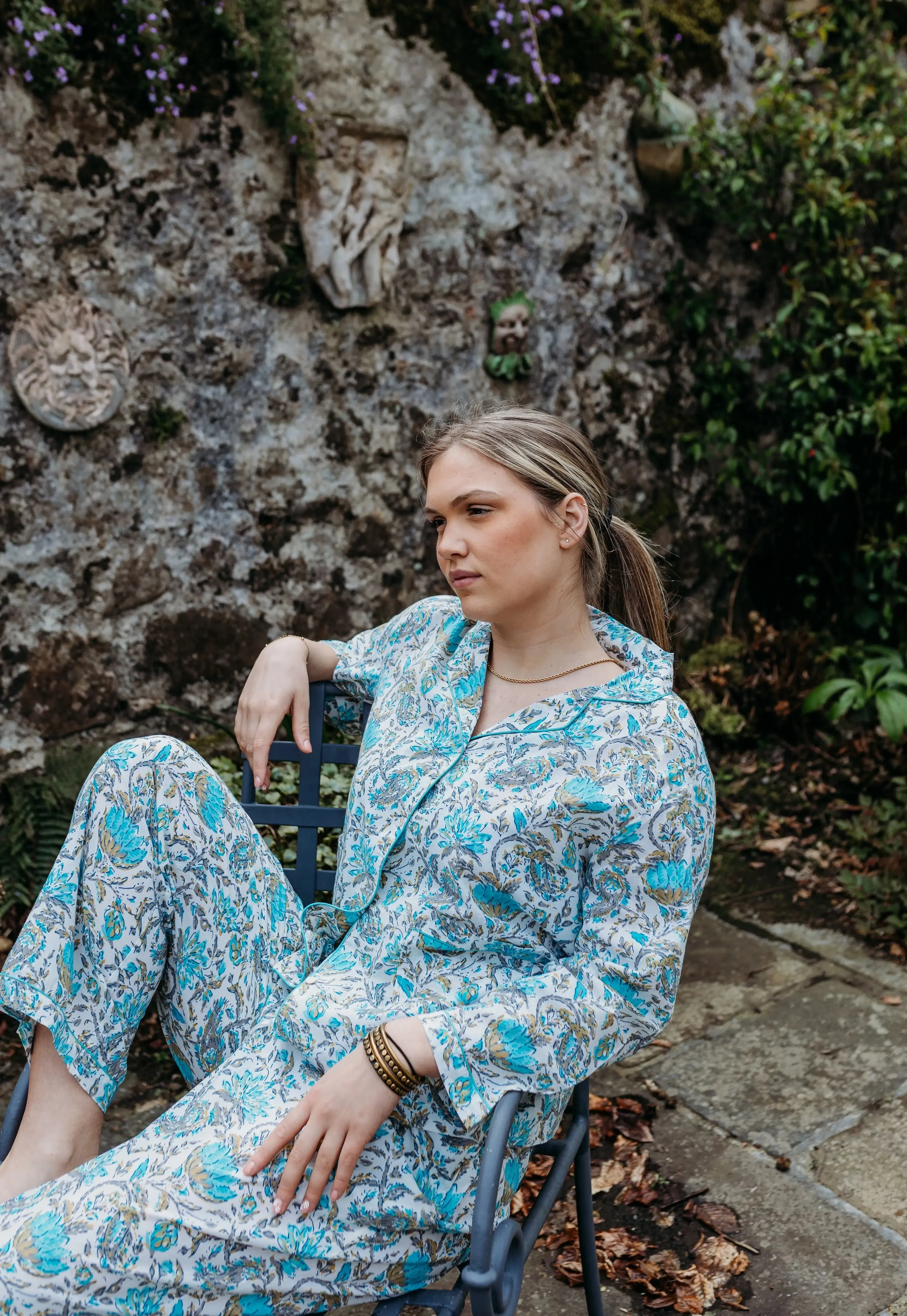 Ahaana Turquoise Block Printed Cotton Pyjamas