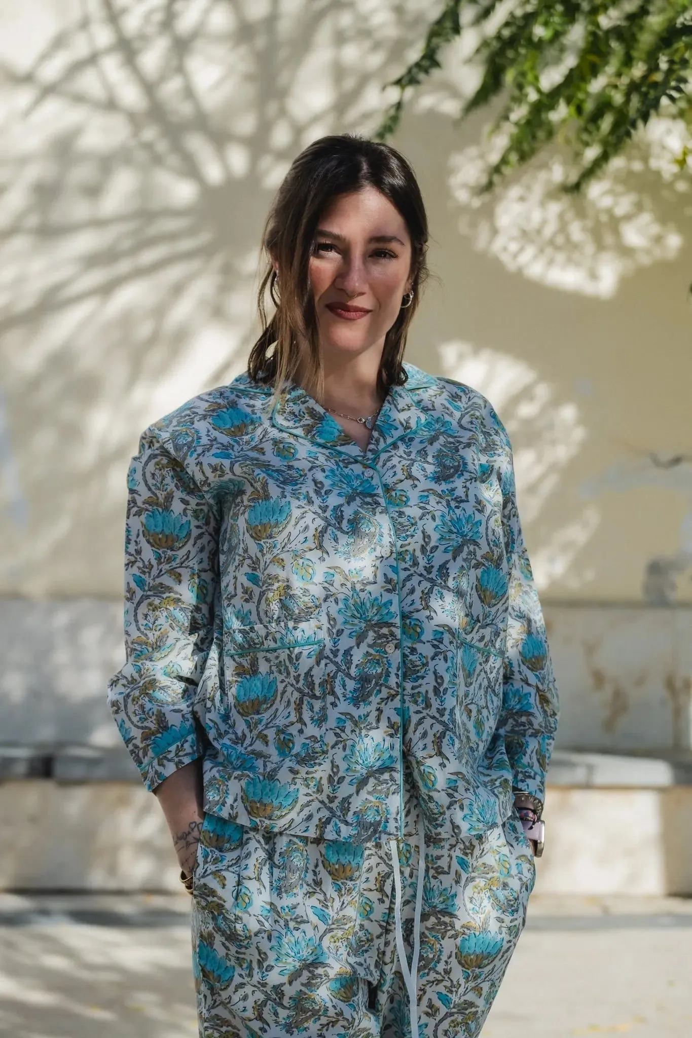 Ahaana Turquoise Block Printed Cotton Pyjamas