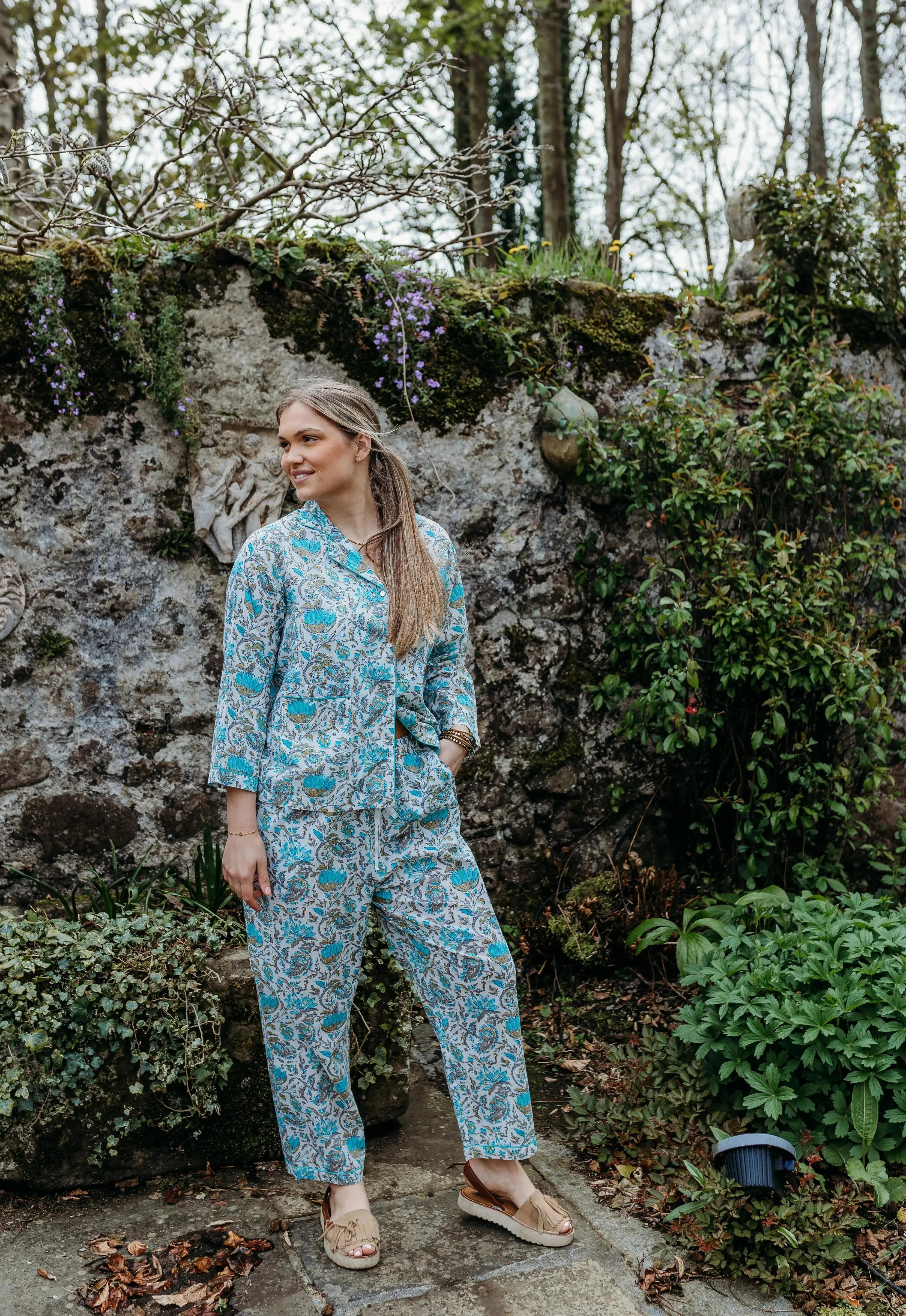 Ahaana Turquoise Block Printed Cotton Pyjamas