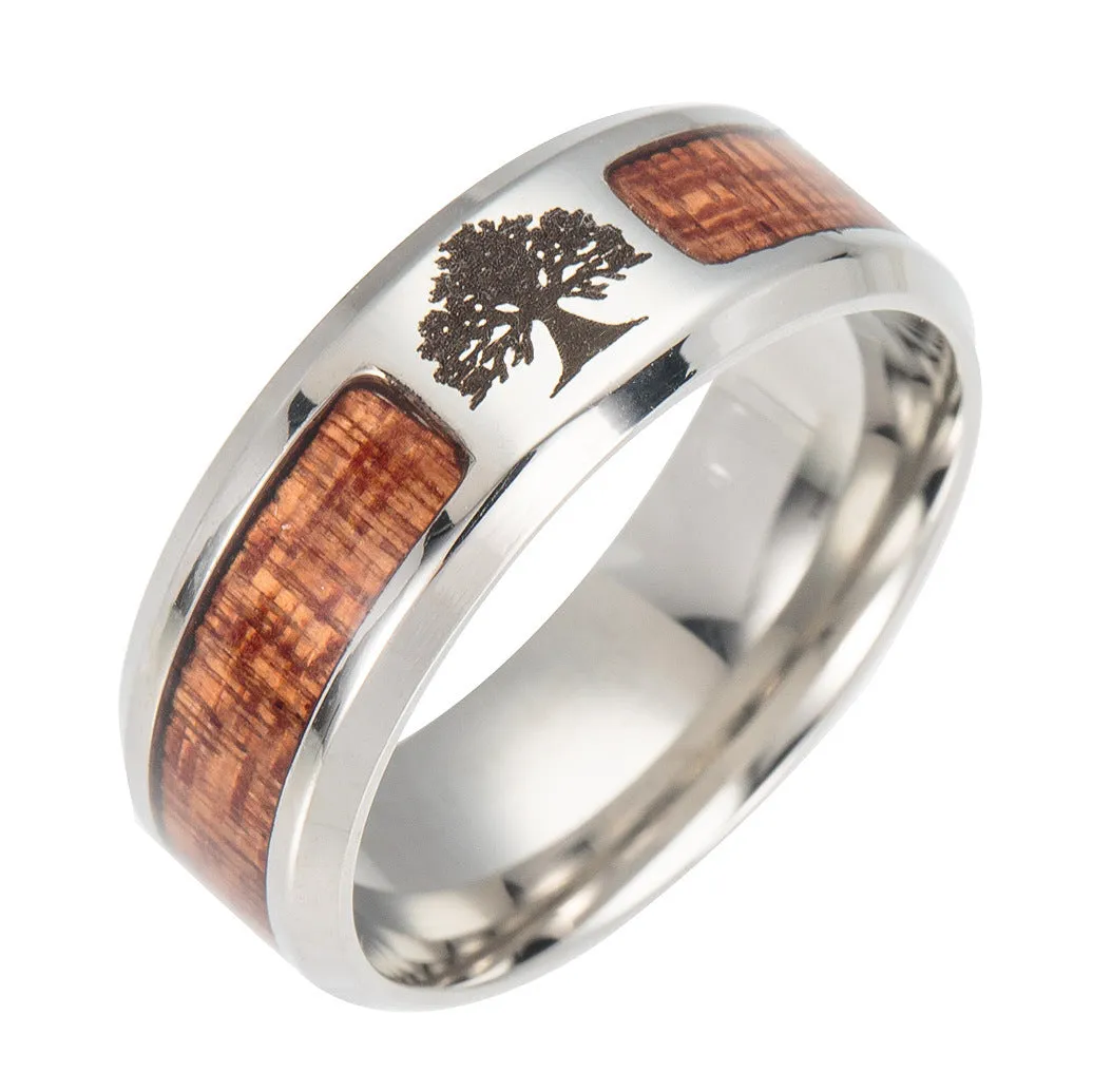 Asgard Handcrafted Stainless Steel Celtic Tree Of Life And Wood Inset Rings