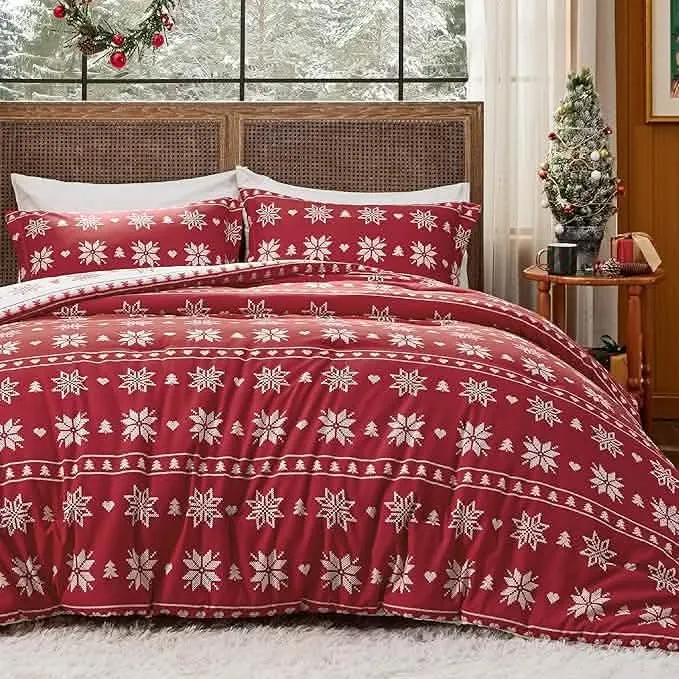 Bedsure Christmas Plaid Comforter Set Red Snowflake