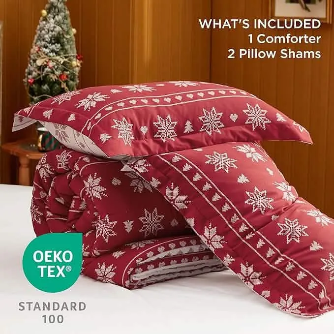 Bedsure Christmas Plaid Comforter Set Red Snowflake