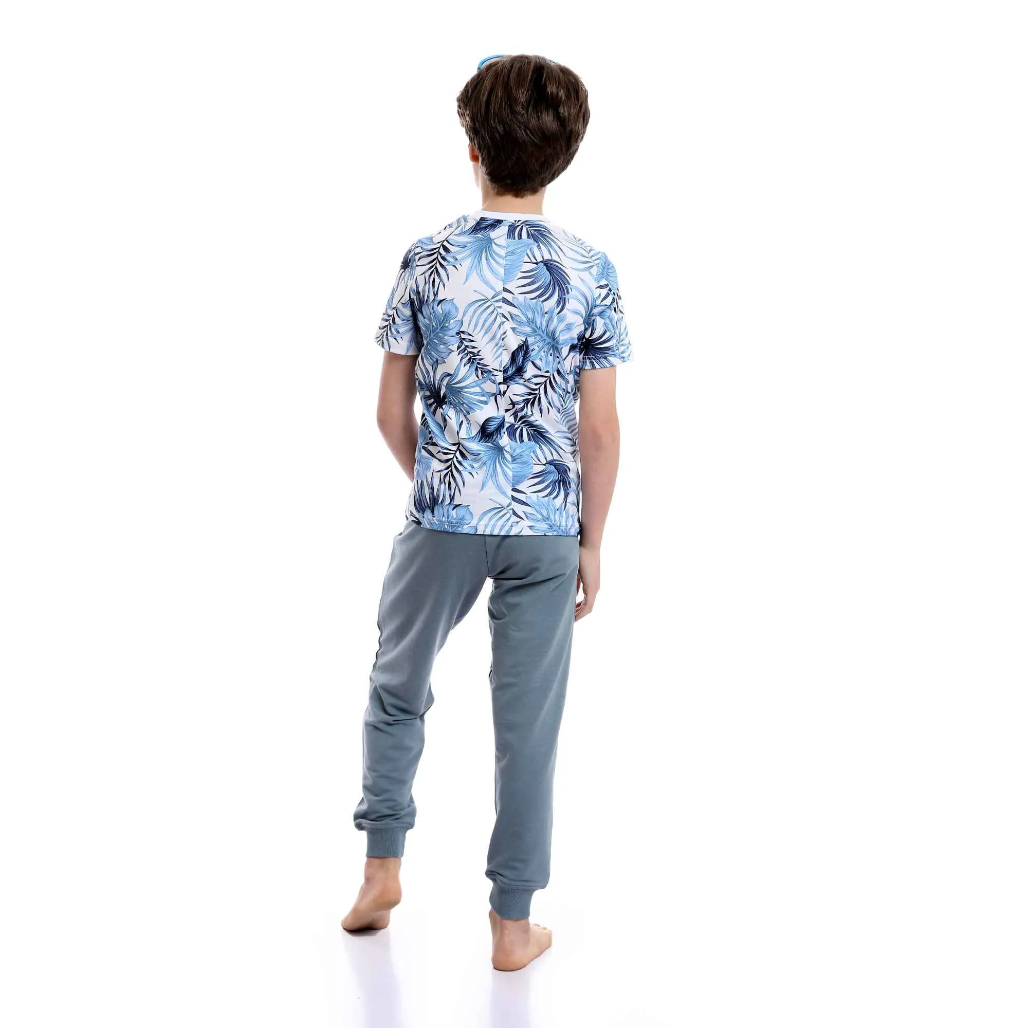 Boys Tropical Leaves Slip On Pants Pajama Set - Sky Blue & Dark Grey