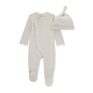 Burt's Bees Organic Baby Micro Stripe Jumpsuit & Knot Top Hat Set Fossil