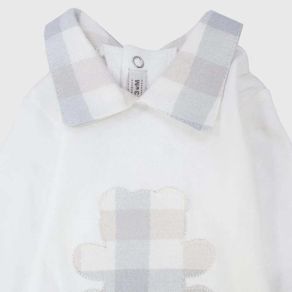 Checkered Bear Long-Sleeved Baby Footless Onesie