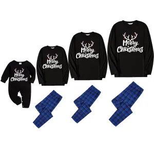 Christmas Antlers and Merry Christmas Print Black Long Sleeve Top with Blue & Black Plaid Family Matching Pajamas