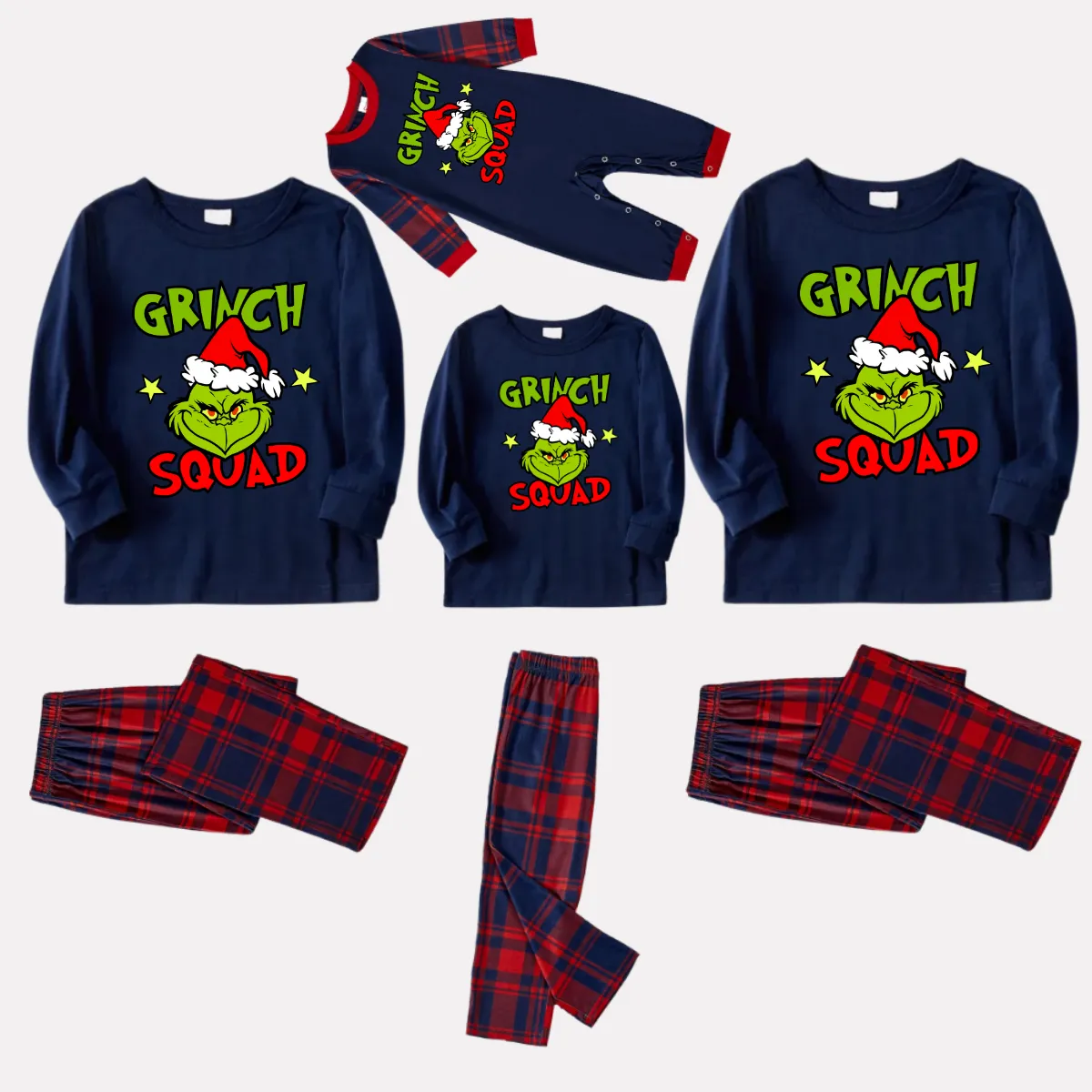 Christmas Cartoon Pattern and Letter Print Blue Long Sleeve Top with Red & Blue Plaid Family Matching Pajamas