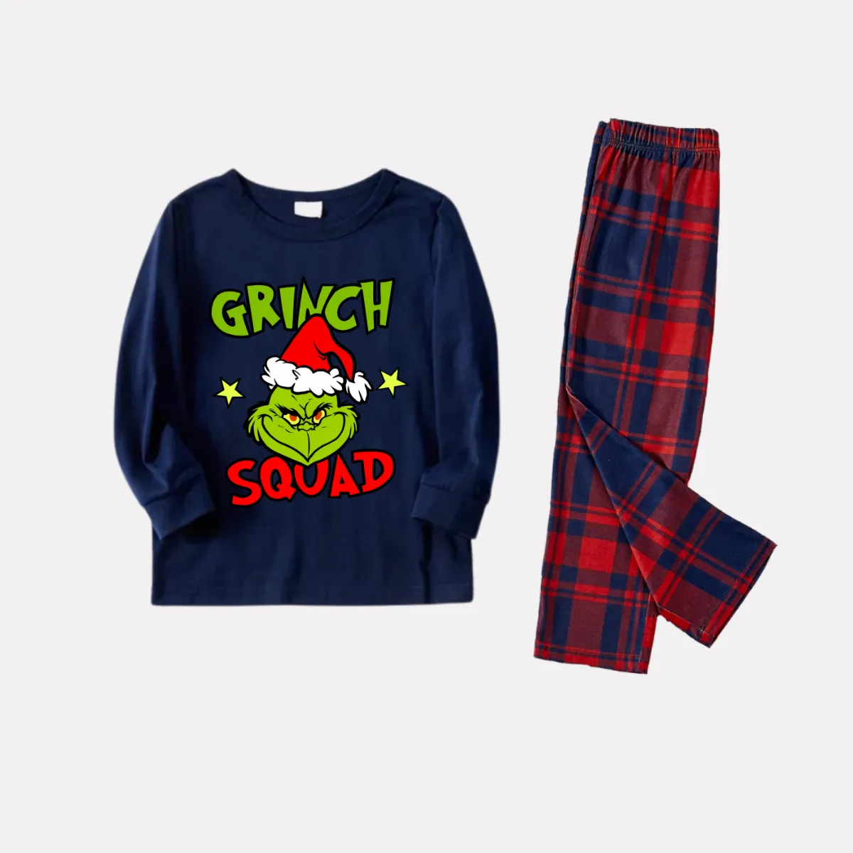 Christmas Cartoon Pattern and Letter Print Blue Long Sleeve Top with Red & Blue Plaid Family Matching Pajamas