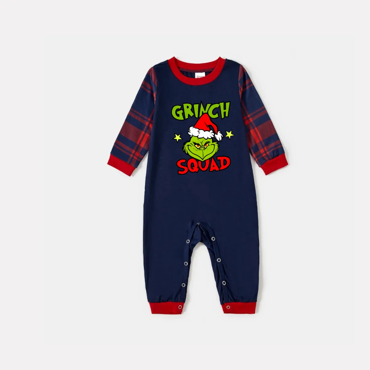 Christmas Cartoon Pattern and Letter Print Blue Long Sleeve Top with Red & Blue Plaid Family Matching Pajamas