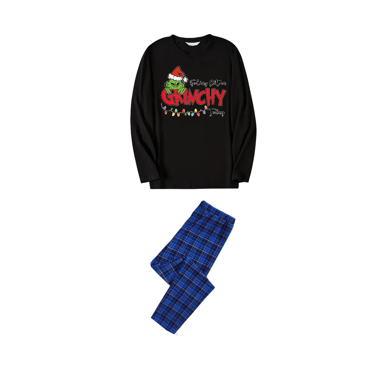 Christmas Cartoon Pattern and Light Print Black Long Sleeve Top with Blue & Black Plaid Family Matching Pajamas