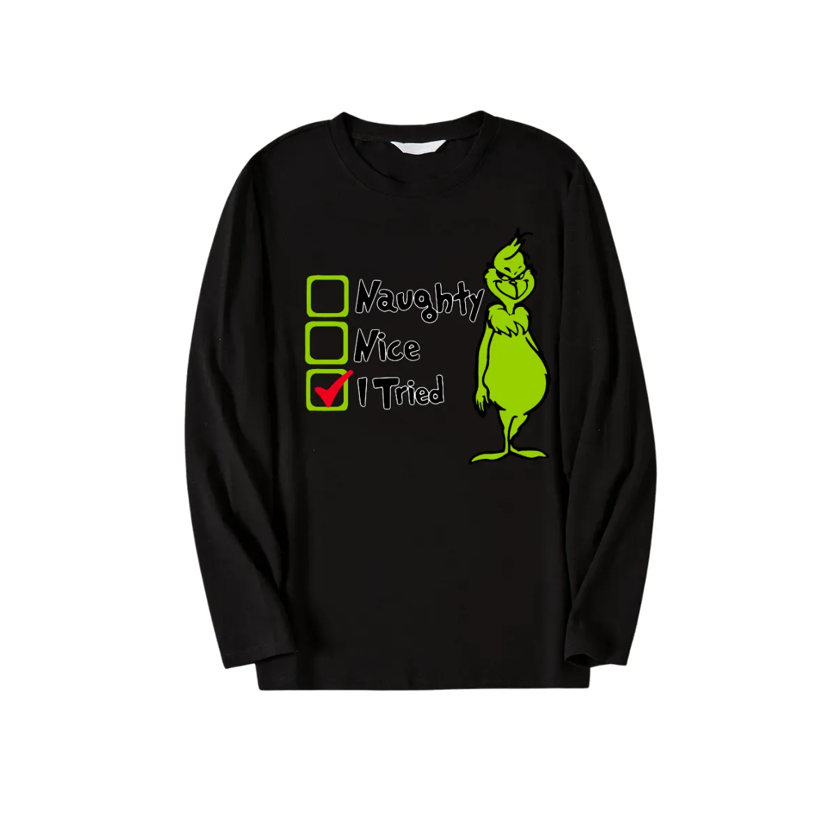 Christmas Cartoon Pattern and Text Print Black Long Sleeve Top with Blue & Black Plaid Family Matching Pajamas