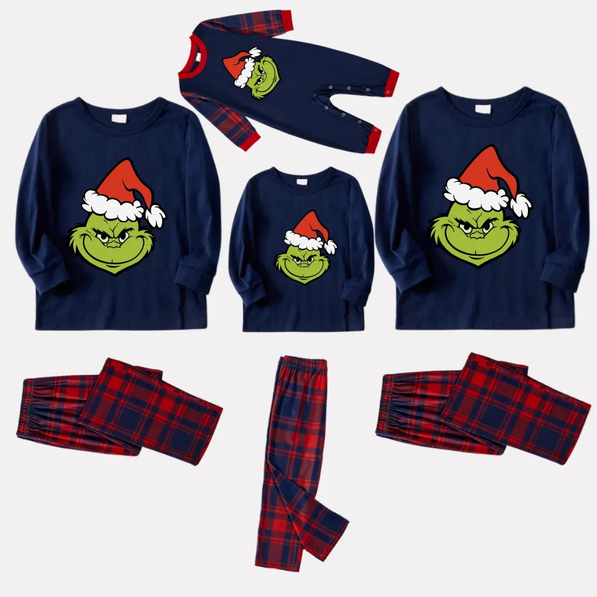 Christmas Cartoon Pattern Print Blue Long Sleeve Top with Red & Blue Plaid Family Matching Pajamas