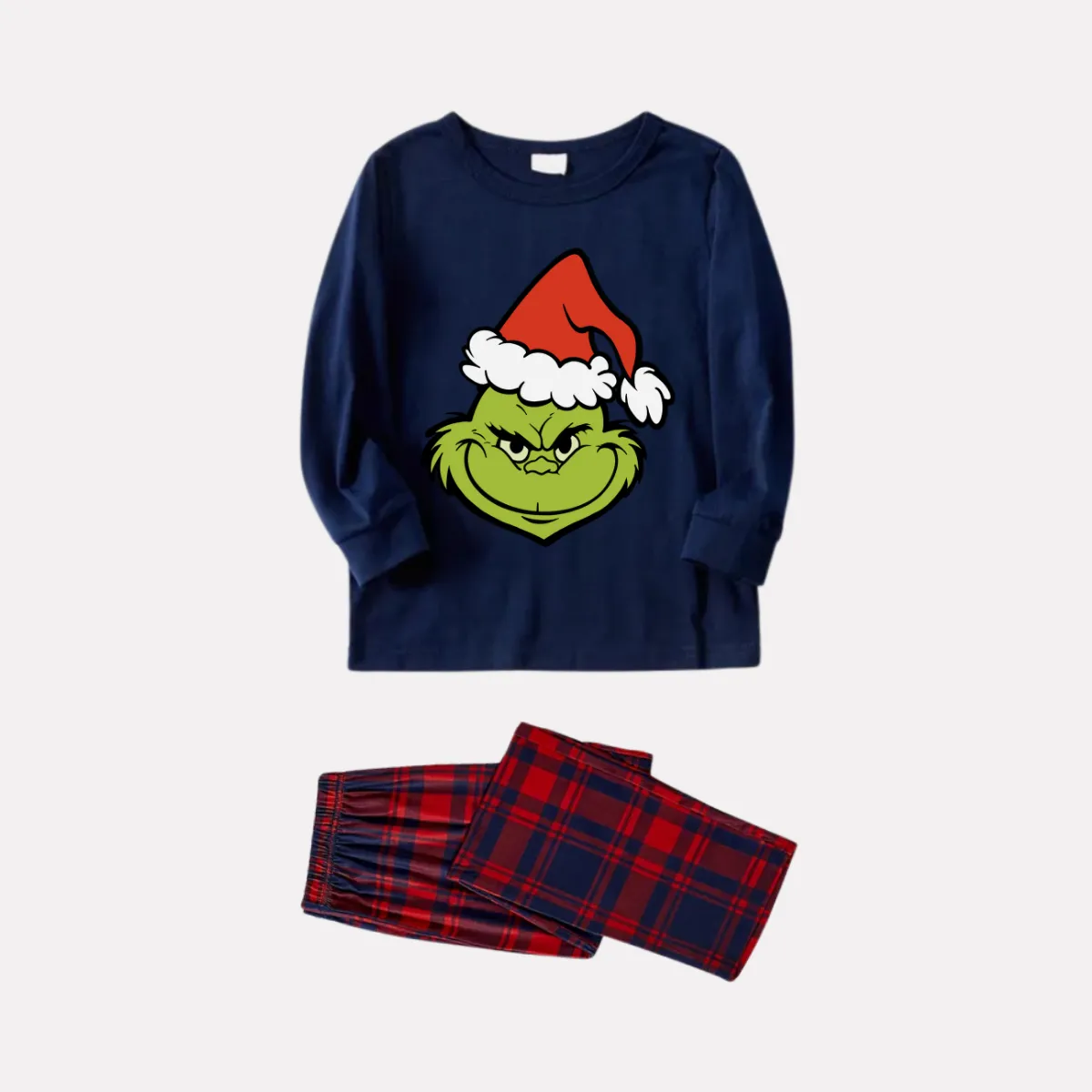 Christmas Cartoon Pattern Print Blue Long Sleeve Top with Red & Blue Plaid Family Matching Pajamas