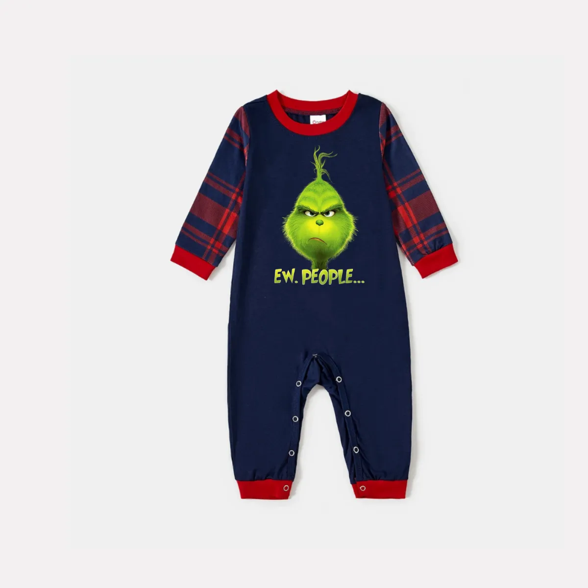 Christmas Cute Cartoon Face and Letter Print Blue Long Sleeve Top with Red & Blue Plaid Family Matching Pajamas