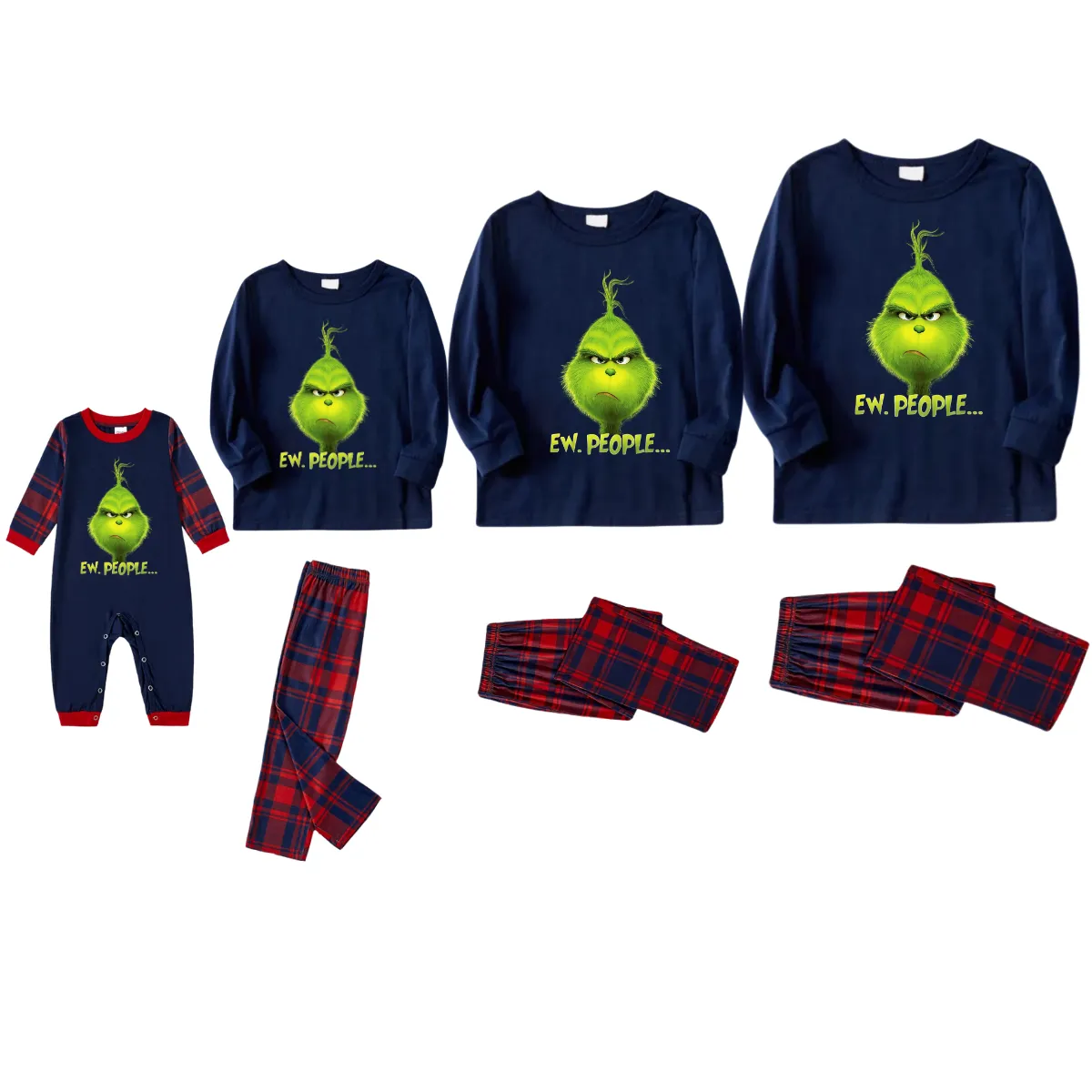 Christmas Cute Cartoon Face and Letter Print Blue Long Sleeve Top with Red & Blue Plaid Family Matching Pajamas