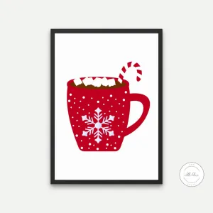 Christmas Hot Cocoa Mug Digital Print, Winter Illustration Print, Hot Cocoa Decor, Hygge Print, Merry Christmas Candy Cane, Snowflake Print