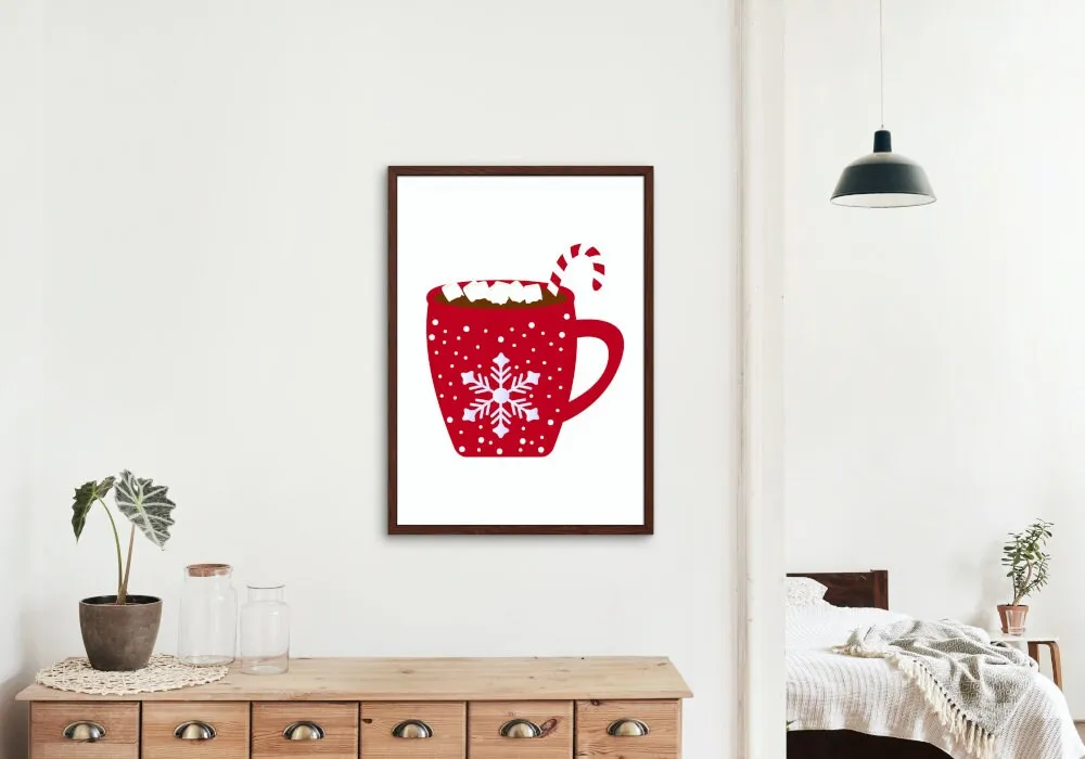 Christmas Hot Cocoa Mug Digital Print, Winter Illustration Print, Hot Cocoa Decor, Hygge Print, Merry Christmas Candy Cane, Snowflake Print