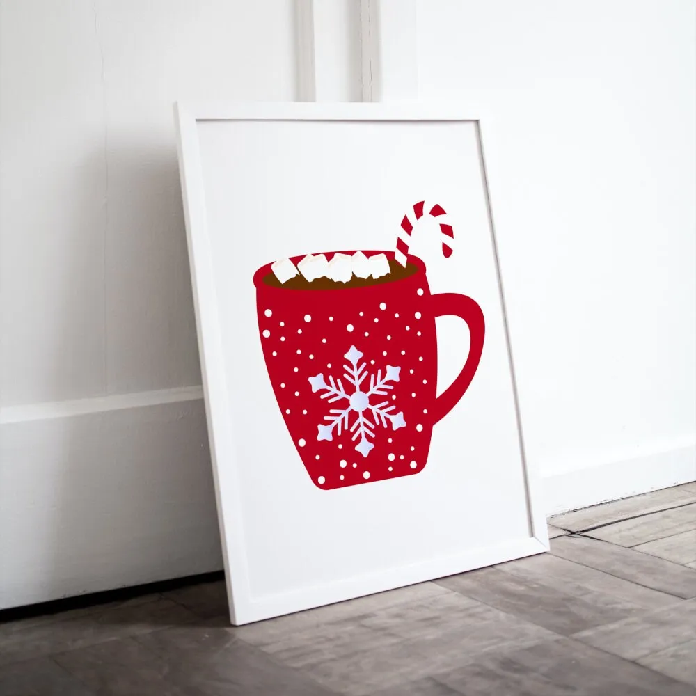 Christmas Hot Cocoa Mug Digital Print, Winter Illustration Print, Hot Cocoa Decor, Hygge Print, Merry Christmas Candy Cane, Snowflake Print