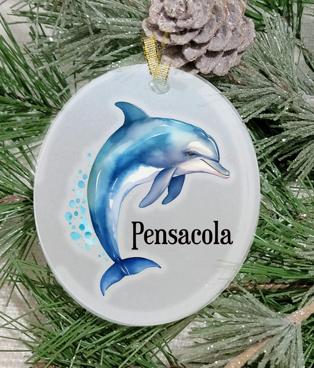 Christmas Ornament, AQU, Dolphin, Frosted Acrylic, name drop available