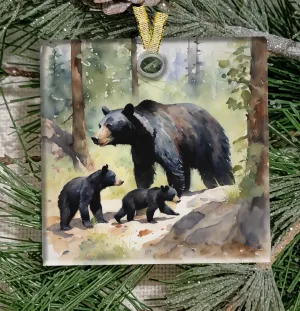 Christmas Ornament, Black Bear with cubs, Frosted Acrylic, Square, name drop available