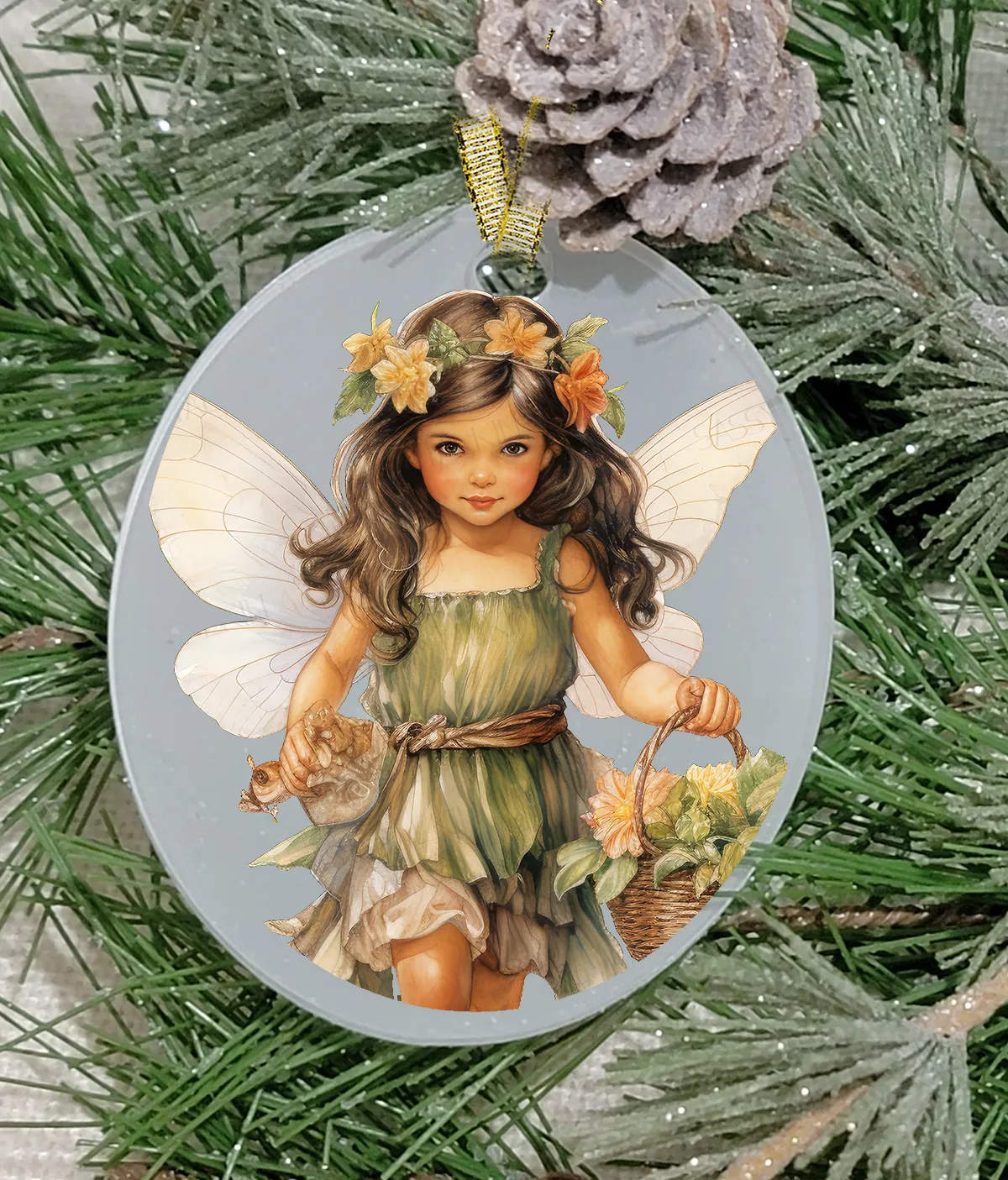 Christmas Ornament, Fairy, Brunette Hair Fairy, Frosted Acrylic, Oval, name drop available