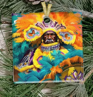 Christmas Ornament, New Orleans, Frosted Acrylic, Yellow Mardi Gras Indian