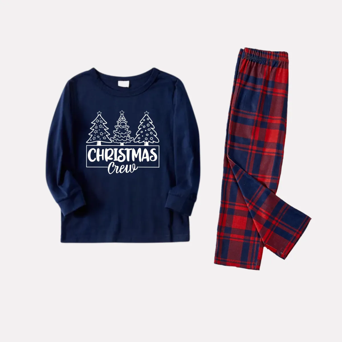 Christmas Tree and Text Print Blue Long Sleeve Top with Red & Blue Plaid Christmas Family Matching Pajamas