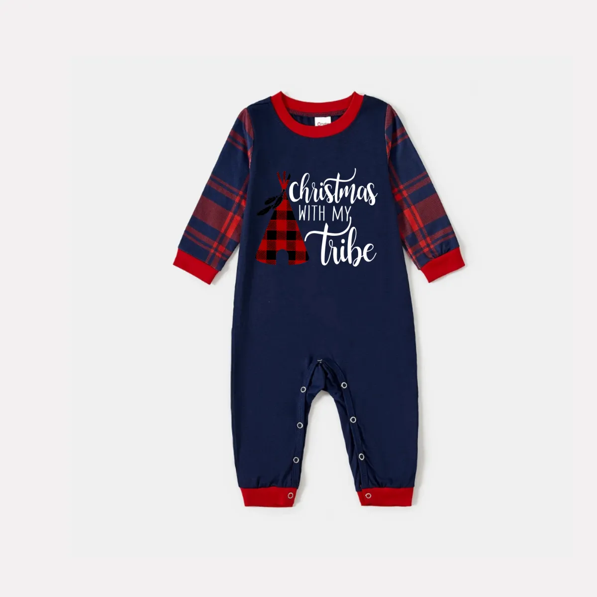 Christmas Tube and Letter Print Blue Long Sleeve Top with Red & Blue Plaid Family Matching Pajamas