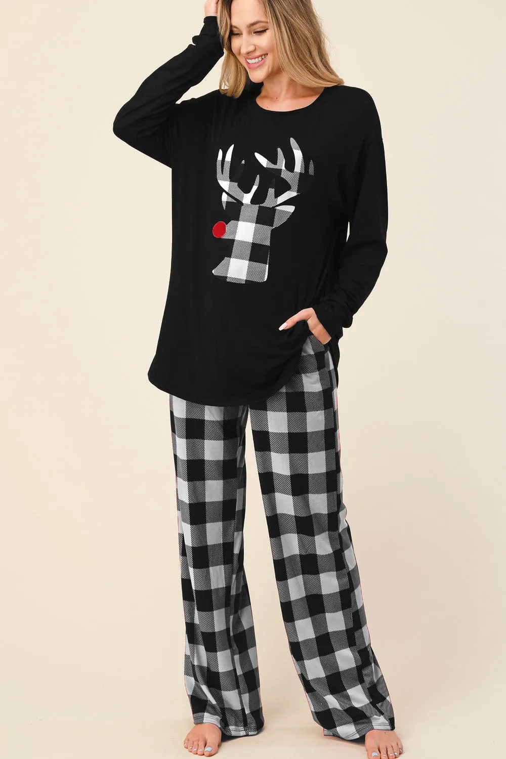 Comfy Soft Black & White Buffalo Plaid Reindeer PJ Pajamas Set