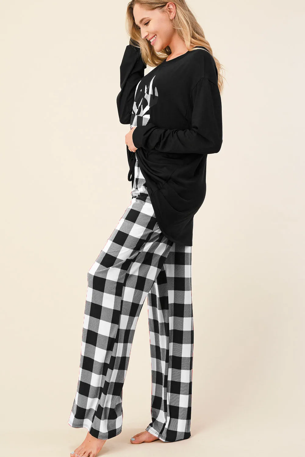 Comfy Soft Black & White Buffalo Plaid Reindeer PJ Pajamas Set