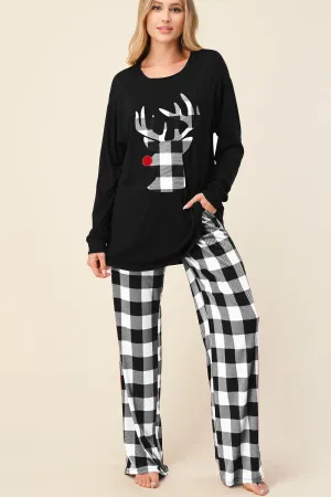 Comfy Soft Black & White Buffalo Plaid Reindeer PJ Pajamas Set