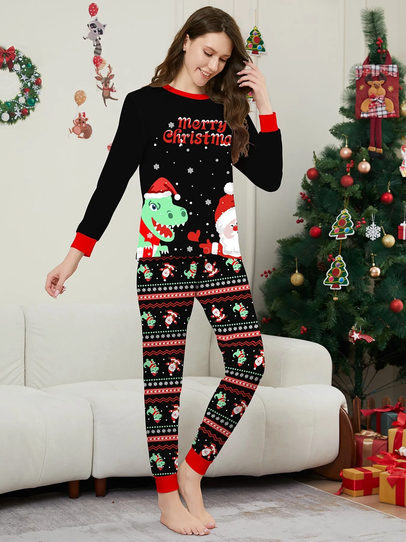 Cozy Christmas Parent-Child Pajamas Dinosaur Santa Claus Cartoon Print