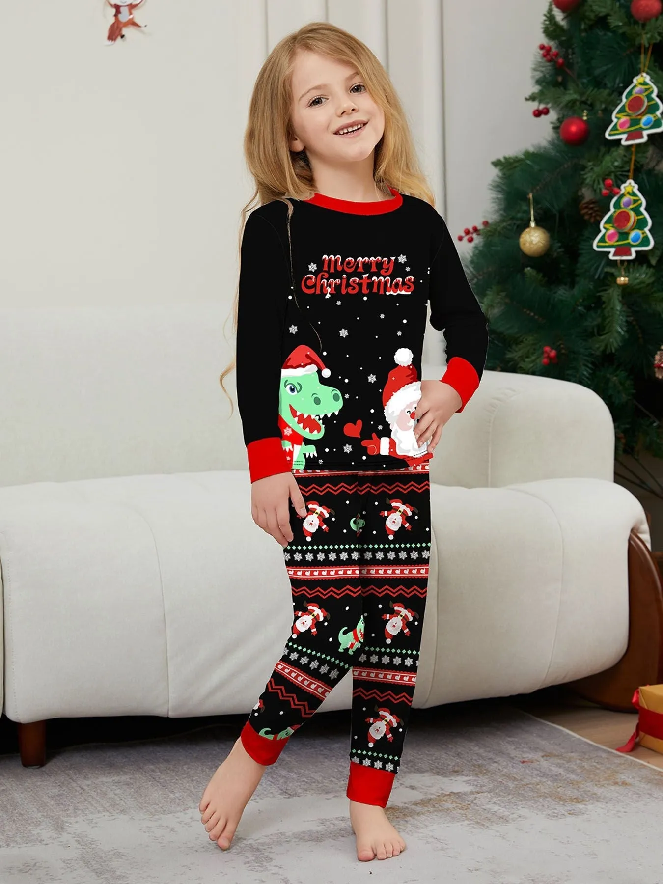 Cozy Christmas Parent-Child Pajamas Dinosaur Santa Claus Cartoon Print