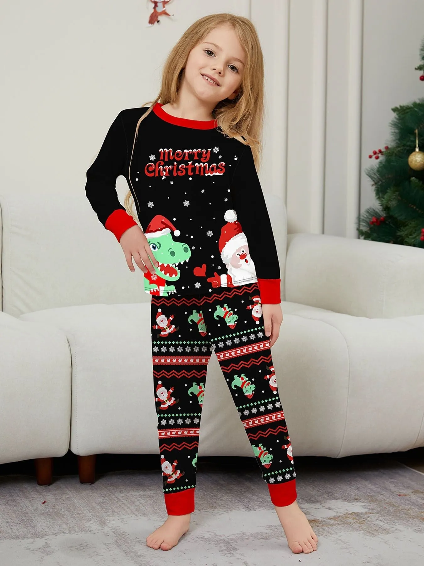 Cozy Christmas Parent-Child Pajamas Dinosaur Santa Claus Cartoon Print