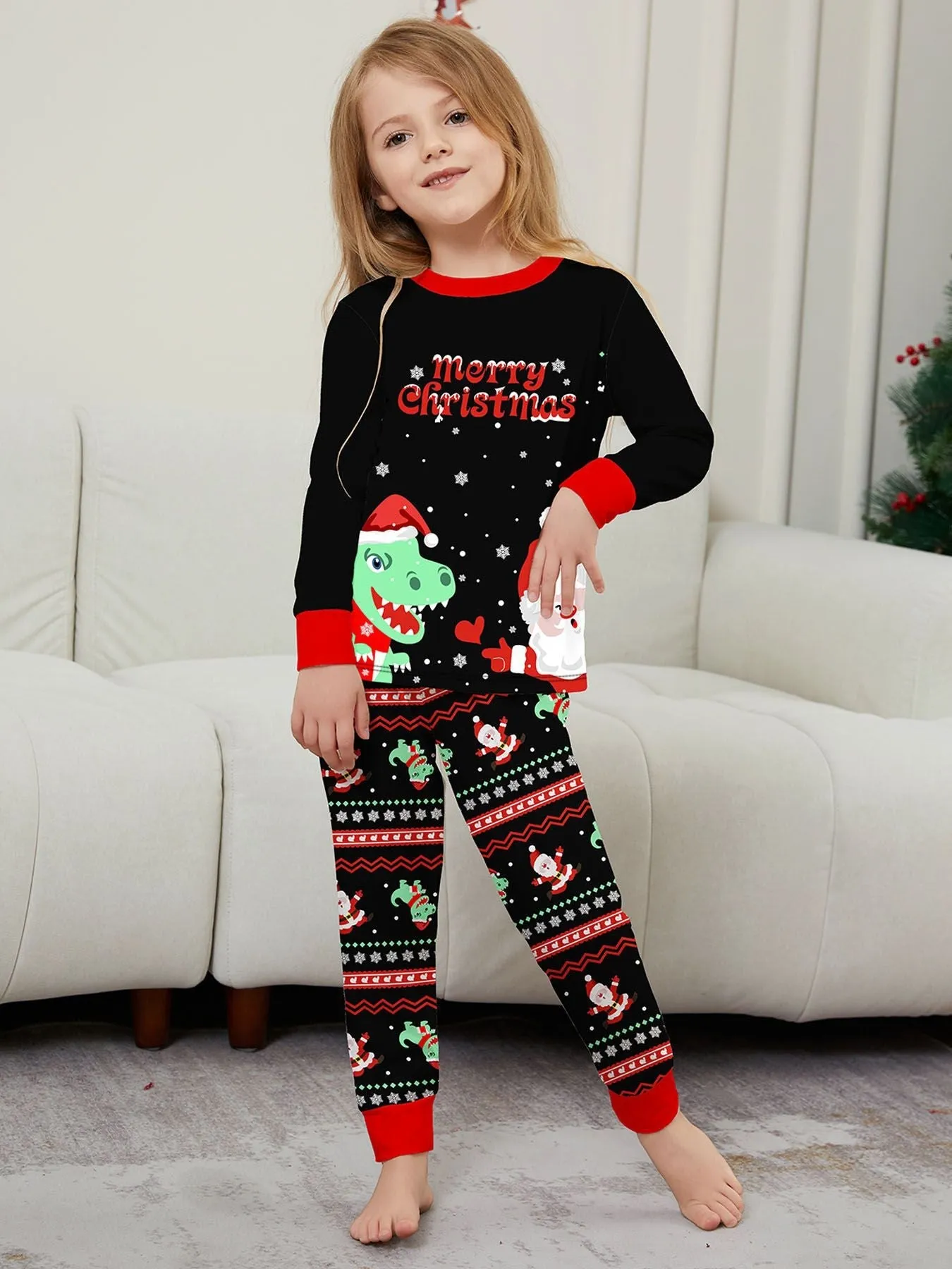 Cozy Christmas Parent-Child Pajamas Dinosaur Santa Claus Cartoon Print