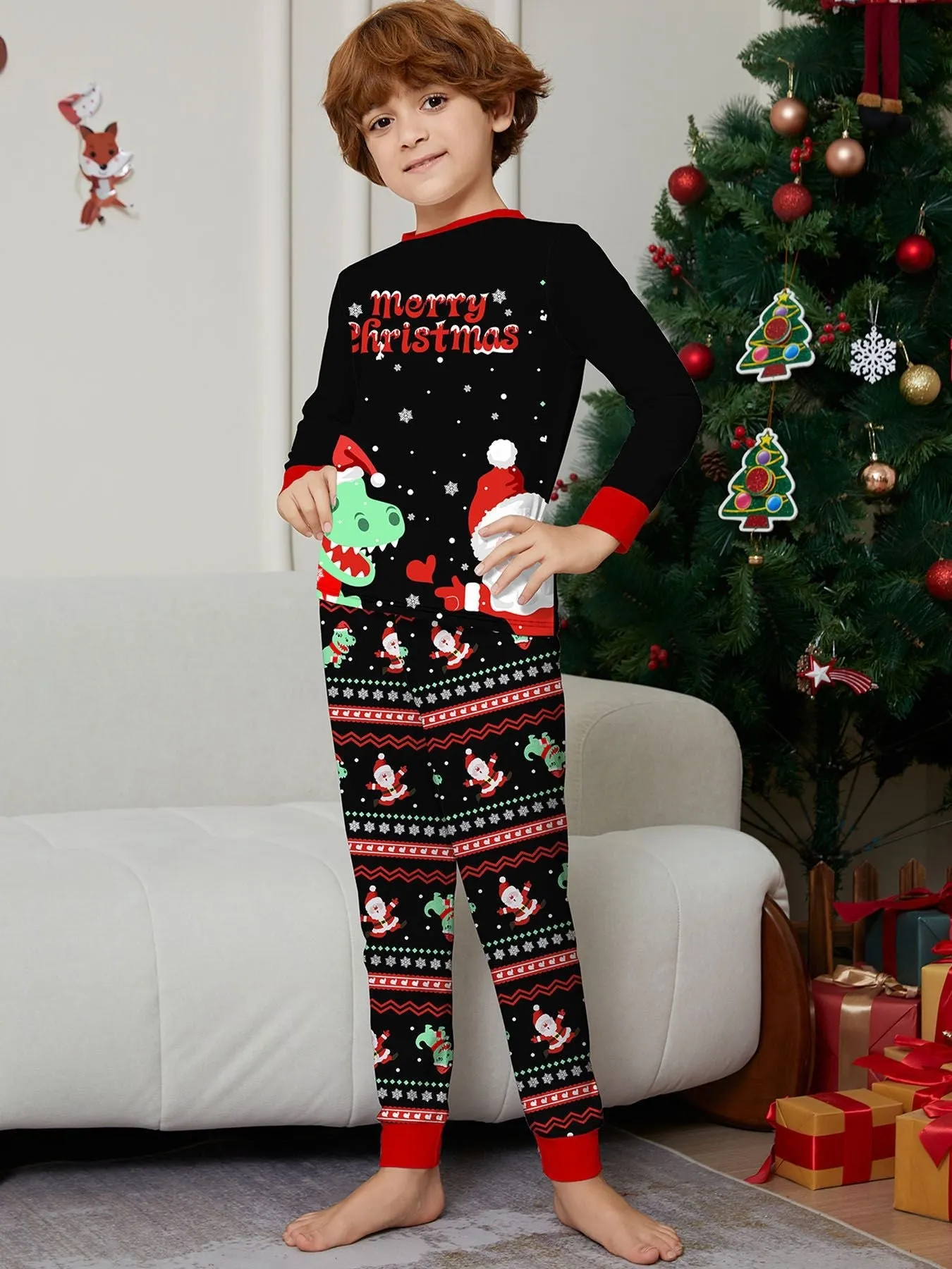 Cozy Christmas Parent-Child Pajamas Dinosaur Santa Claus Cartoon Print