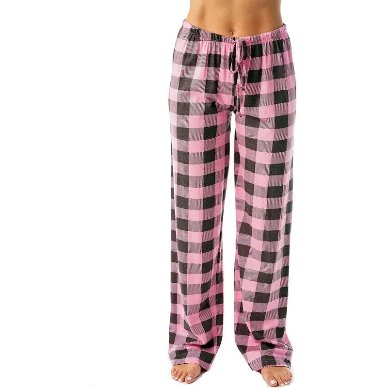 Cozy Plaid Print Drawstring Waist Women's Full Length Pajamas