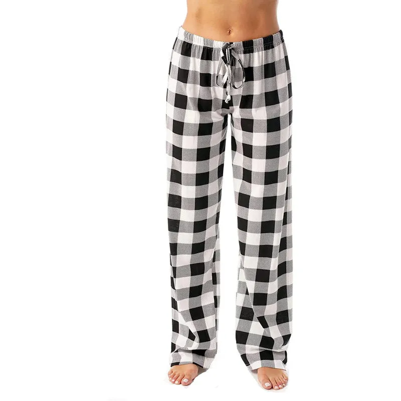 Cozy Plaid Print Drawstring Waist Women's Full Length Pajamas