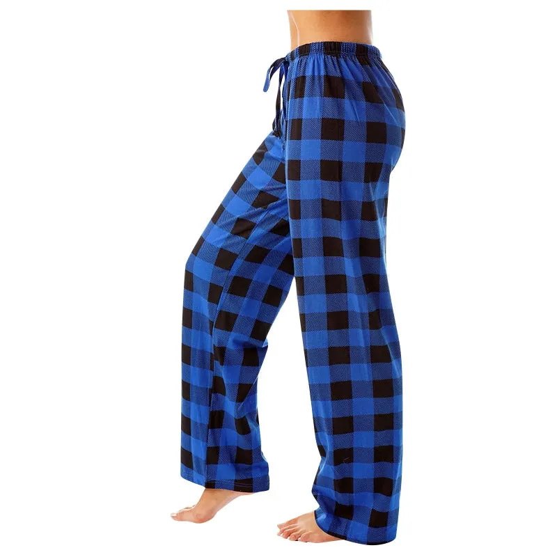 Cozy Plaid Print Drawstring Waist Women's Full Length Pajamas