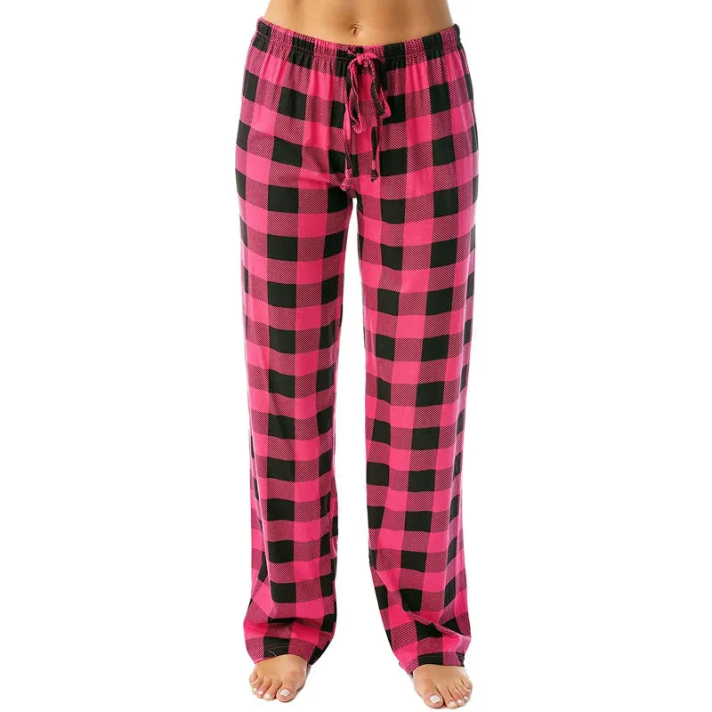 Cozy Plaid Print Drawstring Waist Women's Full Length Pajamas