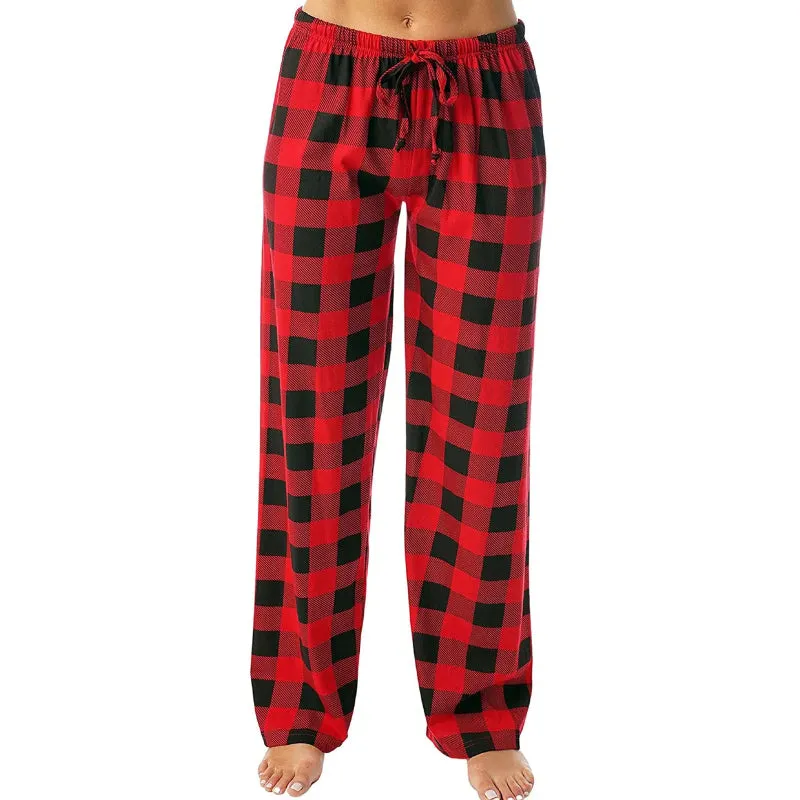 Cozy Plaid Print Drawstring Waist Women's Full Length Pajamas