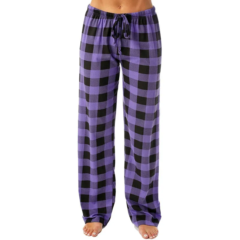 Cozy Plaid Print Drawstring Waist Women's Full Length Pajamas