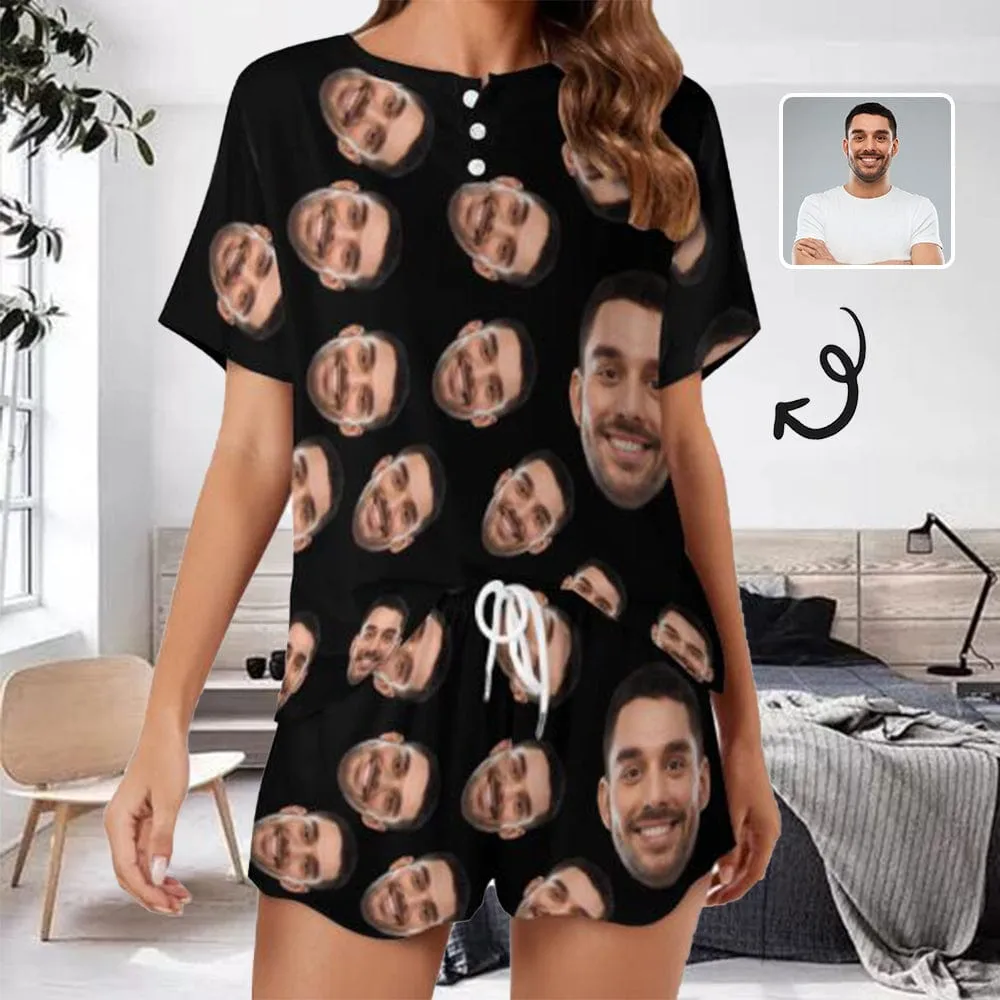 Custom Boyfriend Face Black Pajama Set Women's Short Sleeve Top and Shorts Loungewear Athletic Tracksuits