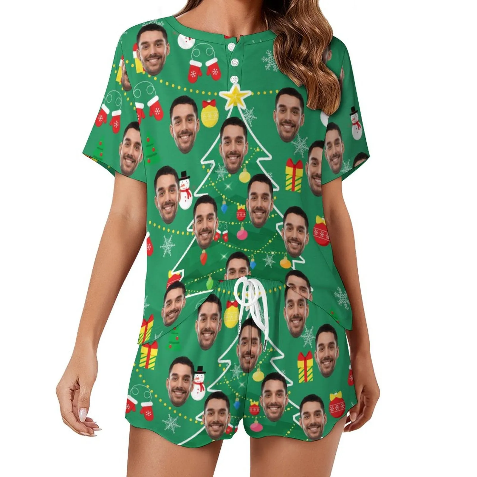 Custom Face Christmas Tree&Gift Print Pajama Set Women's Short Sleeve Top and Shorts Loungewear Athletic Tracksuits