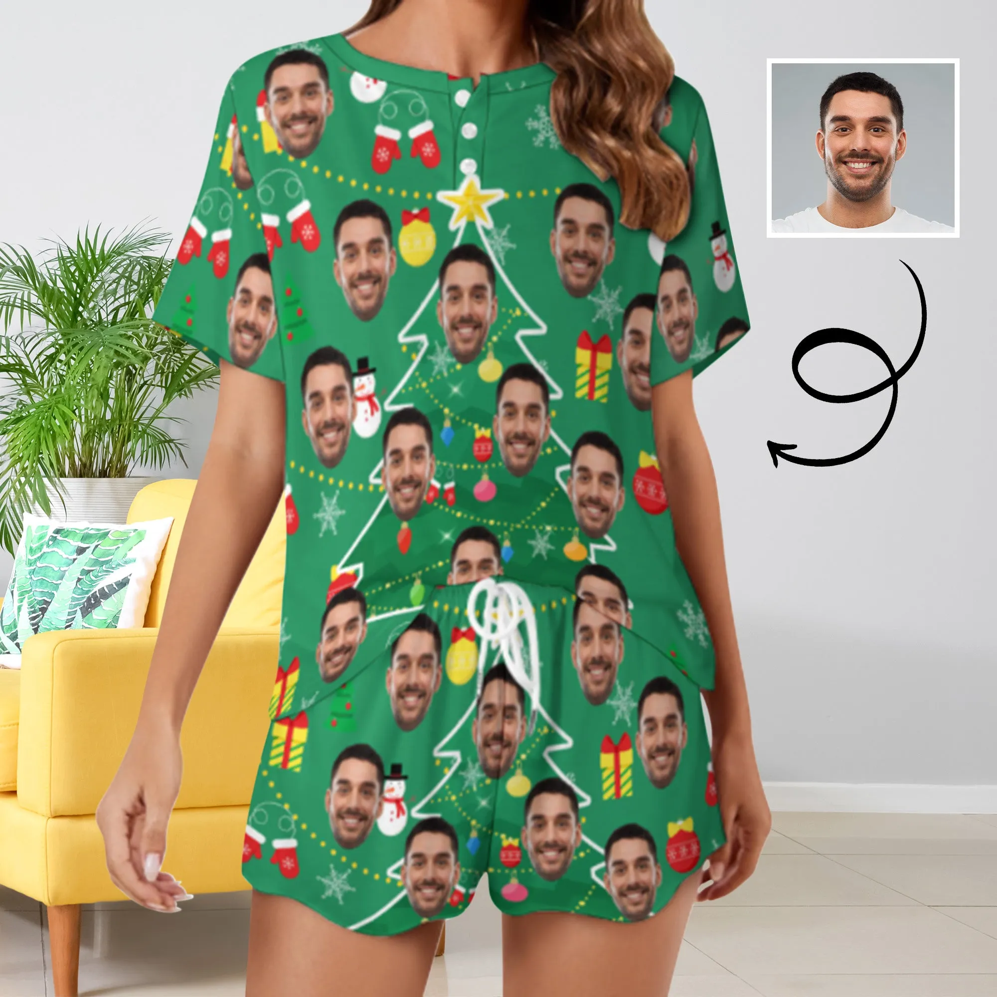 Custom Face Christmas Tree&Gift Print Pajama Set Women's Short Sleeve Top and Shorts Loungewear Athletic Tracksuits