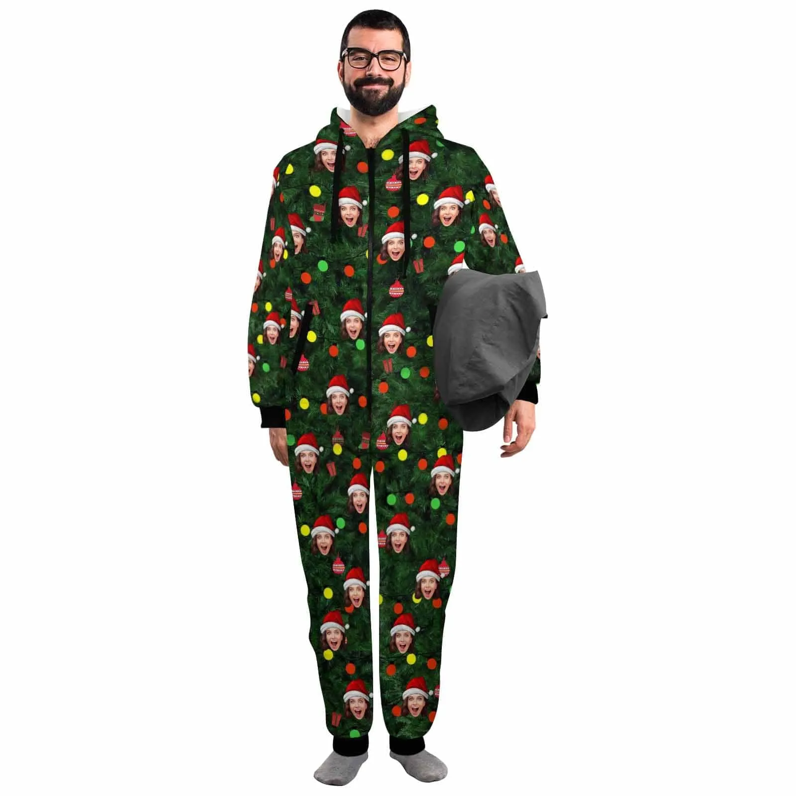 Custom Face Green Christmas Tree Onesie Pajamas Flannel Fleece Adult Jumpsuit Homewear