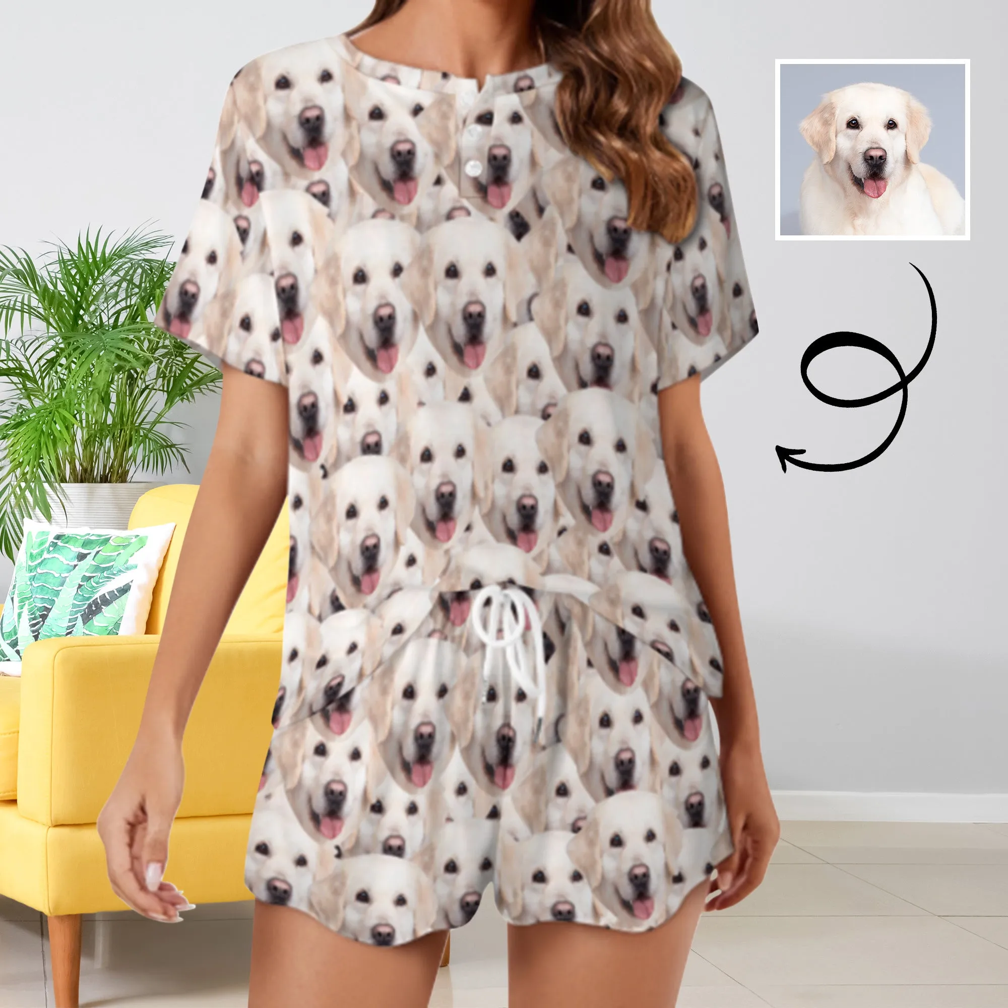 Custom Face Lovely Dog Print Pajama Set Women's Short Sleeve Top and Shorts Loungewear Athletic Tracksuits